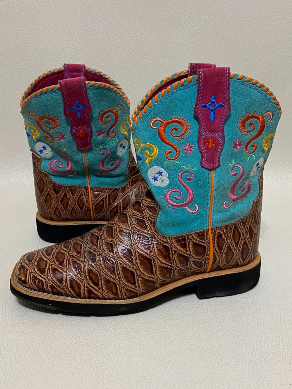 Girls Ariat Tombstone Cowgirl Boots Size 5 Brown & Blue Leather Pull On Boot